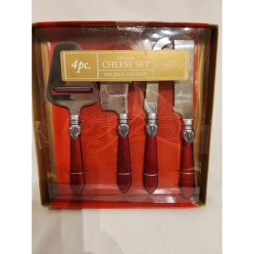 Cleopatra Holiday 4 pc Cheese Serving‎ Set Red Metal handle Open Box